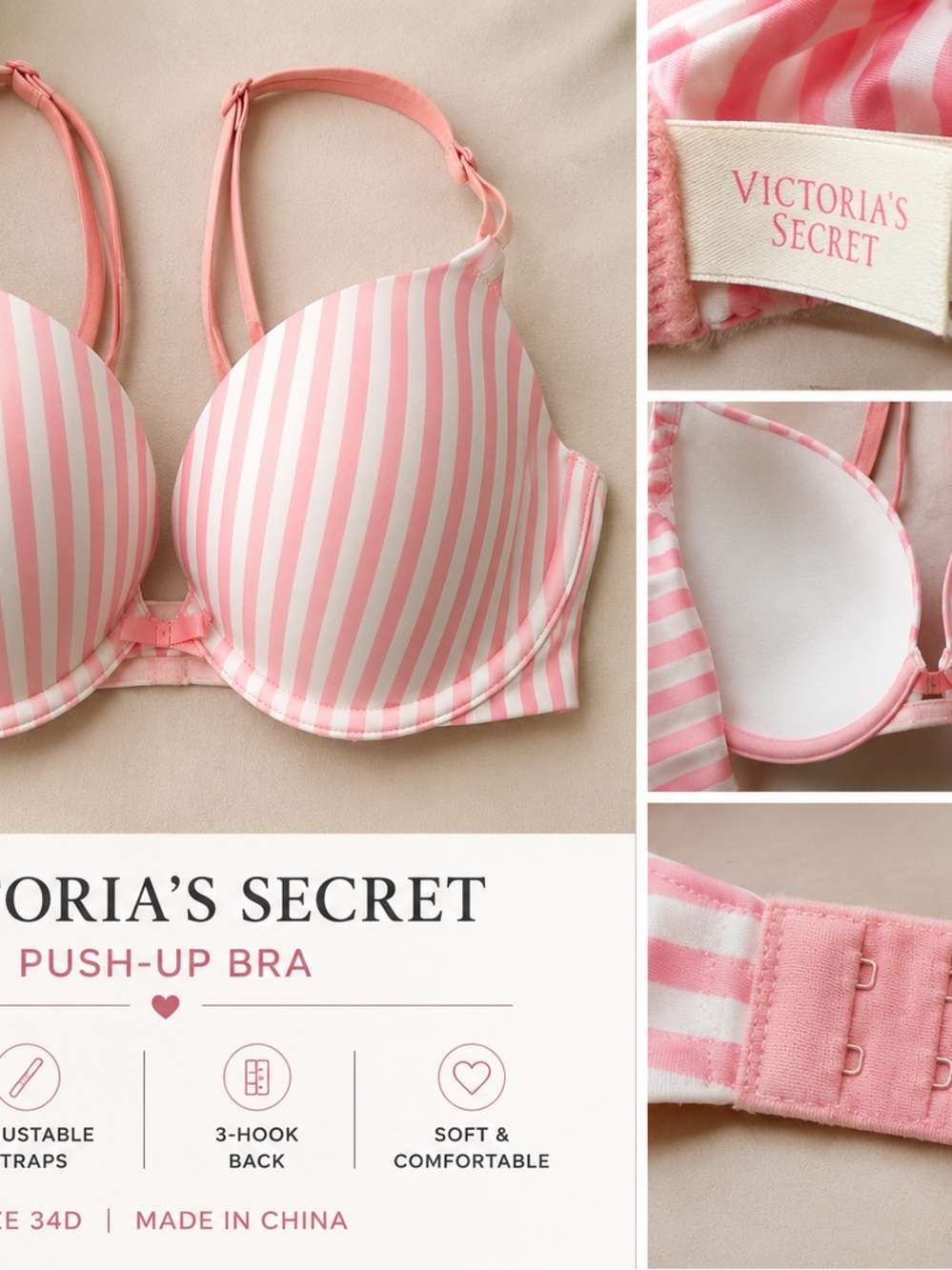 Victoria’s Secret Push-Up Pigeonnant Bra Size 34D Padded Underwire. NWOT